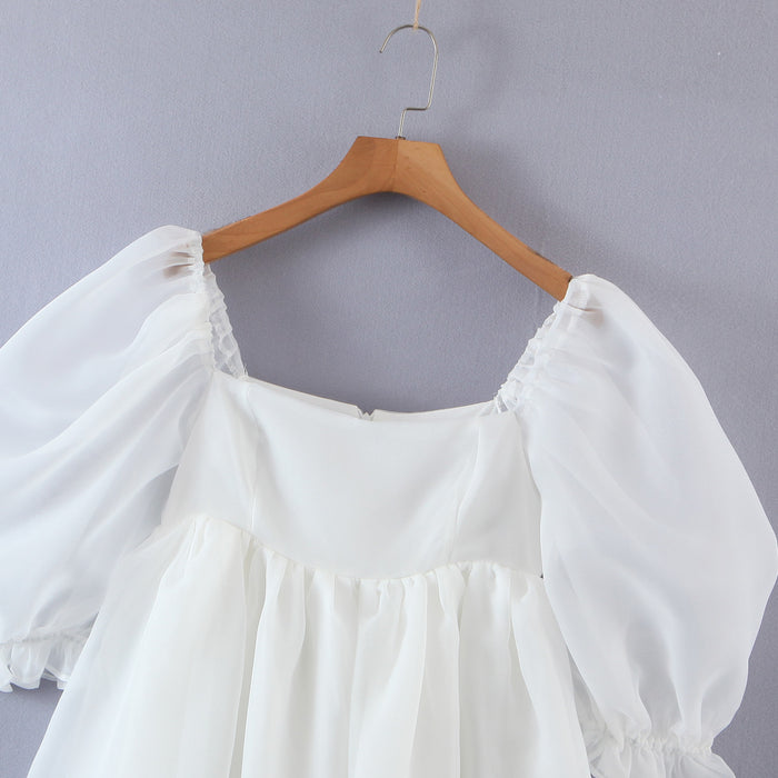 Women White Gauzy off-the-Shoulder Puff Sleeve Dress Princess Dress