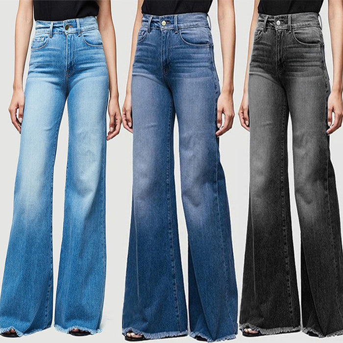 Ladies Jeans Slim Fit Slimming Wide Leg Tassel Trousers Jeans