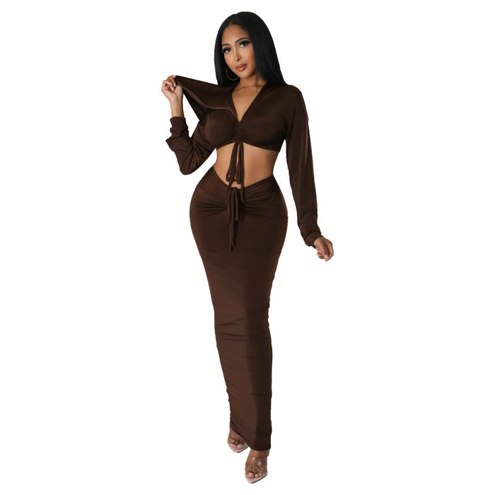 Hooded Cropped Top Sexy High Waist One Step Skirt Two Piece Set