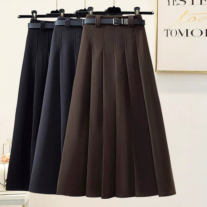 Gray Woolen Pleats Over The Knee Skirt Women Autumn Slimming High Waist Mid Length Umbrella Skirt