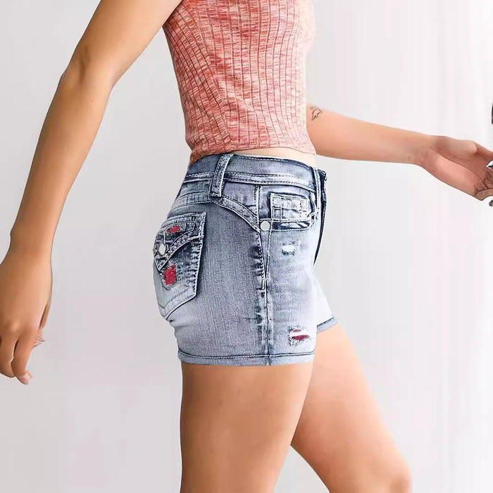 Embroidered Washed Denim Shorts Women Pants