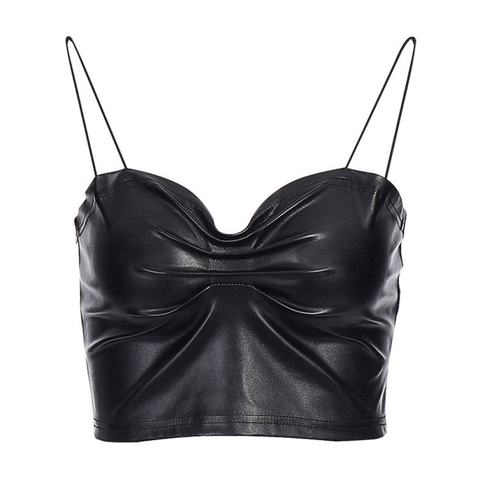 Autumn Sexy Shiny Patent Leather Vest Sexy Pleated Strap Tube Top Women Clothing Now