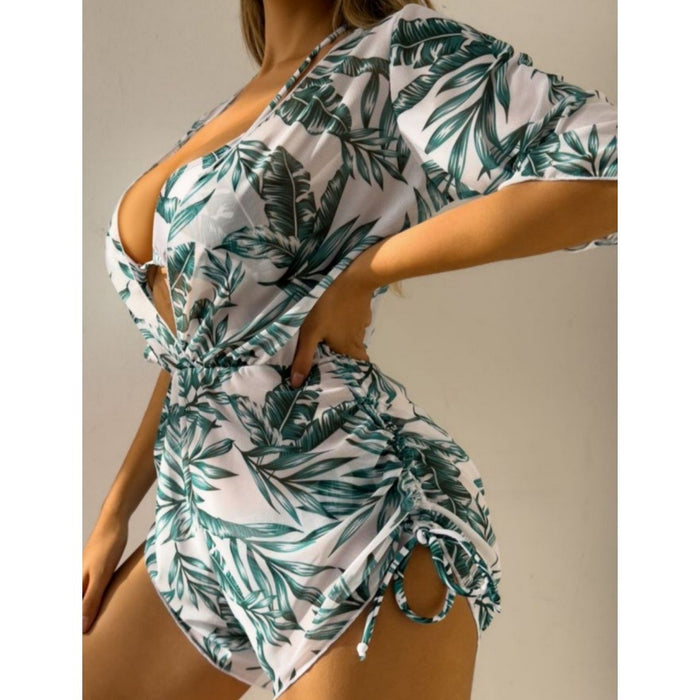 Three Piece Bikini Leaves Printed Waist Controlled Lace up Long Sleeve Beach Anti Ddos Swimsuit