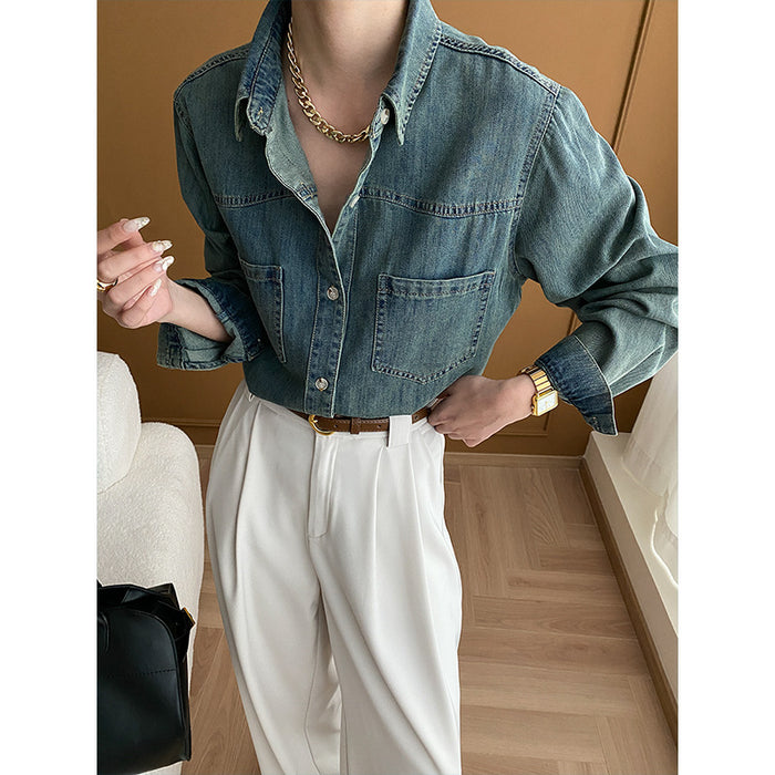 Fashionable Casual Tone Retro Washed Distressed Denim Shirt Early Spring