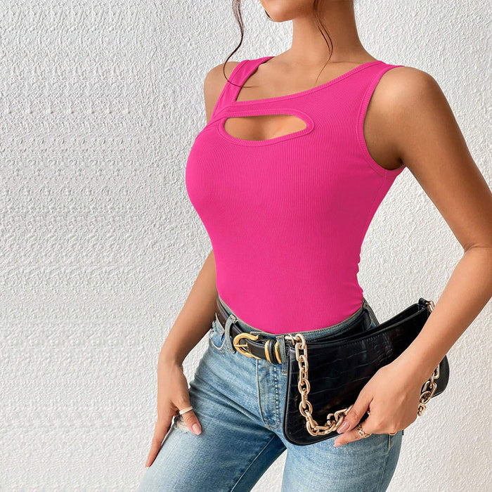 Women Clothing Slim Fit Sexy Knitted Solid Color Hollow Out Cutout Vest T shirt Top