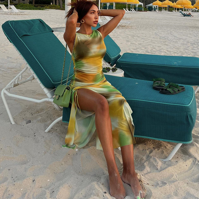 Printed Mesh See through Sexy Sleeveless round Neck Sheath Split Dress Beach Vacation Trendy Women