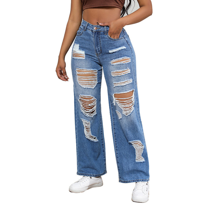 Ripped Jeans for Women Arrival High Waist High Elastic Baggy Straight Trousers