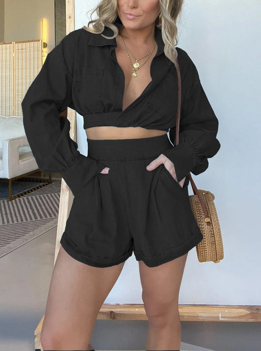 Women Wear Denim Shirt Deep V Plunge Long Sleeve Sexy Shorts Sets