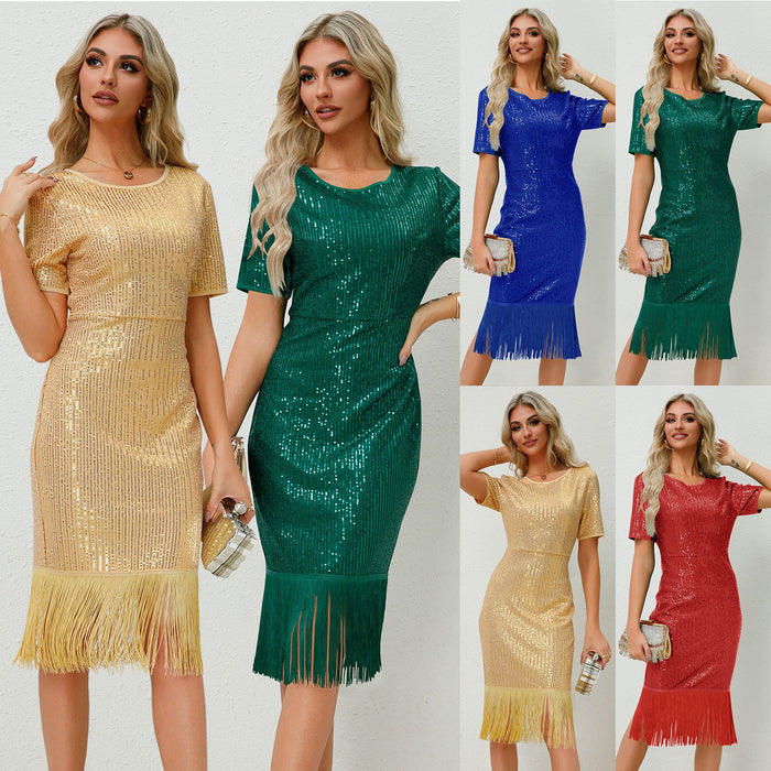 Women Retro Sequin Tassel Dress Dress Sexy Party Formal Dress