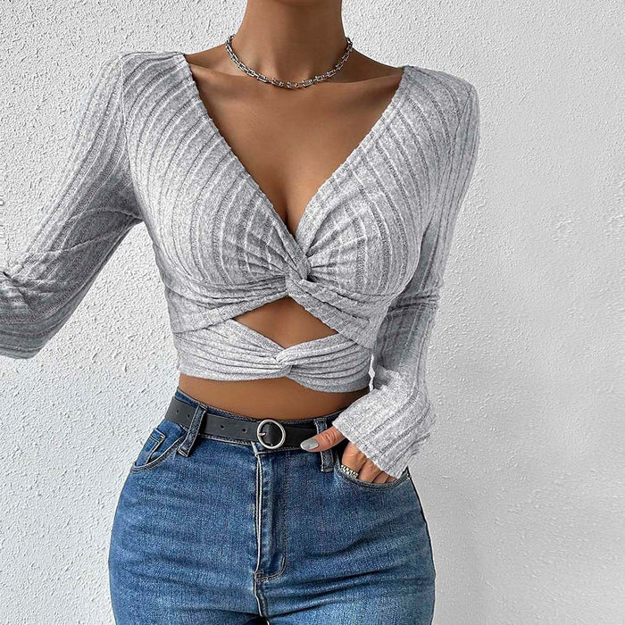 Women Clothing Sexy V neck T shirt Autumn Winter Sneaky Design Cropped Slim Fit Crop Top