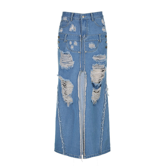 Women Streetwear Raw Hem Ripped Stitching Metal Buckle High Waist Slit Denim Skirt Long Skirt Autumn