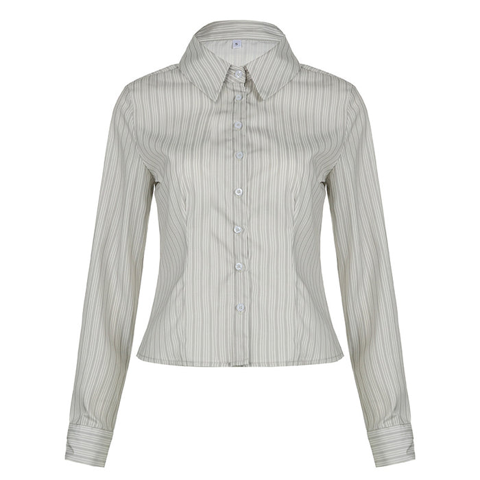 Spring Urban Simple Striped Slim Fit Basic Long Sleeved Office Sexy Office Thin Collared Breasted Shirt