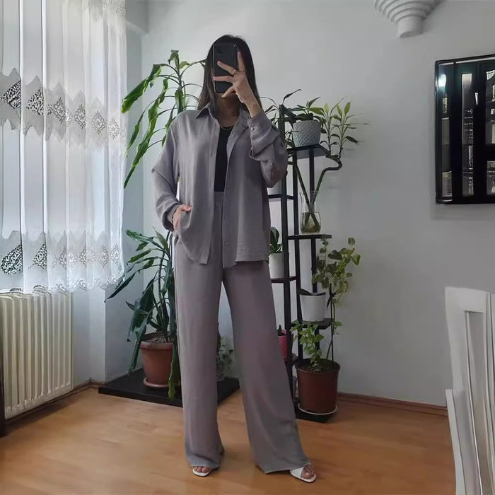 Women Clothing Solid Color Loose Top Casual Wide Leg Pants Women Two Piece Suit