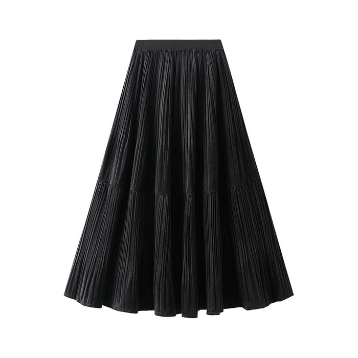 Autumn Vintage Velvet Pleated Skirt Women Skirt Autumn Winter Gold Velvet Dress Midi Dress