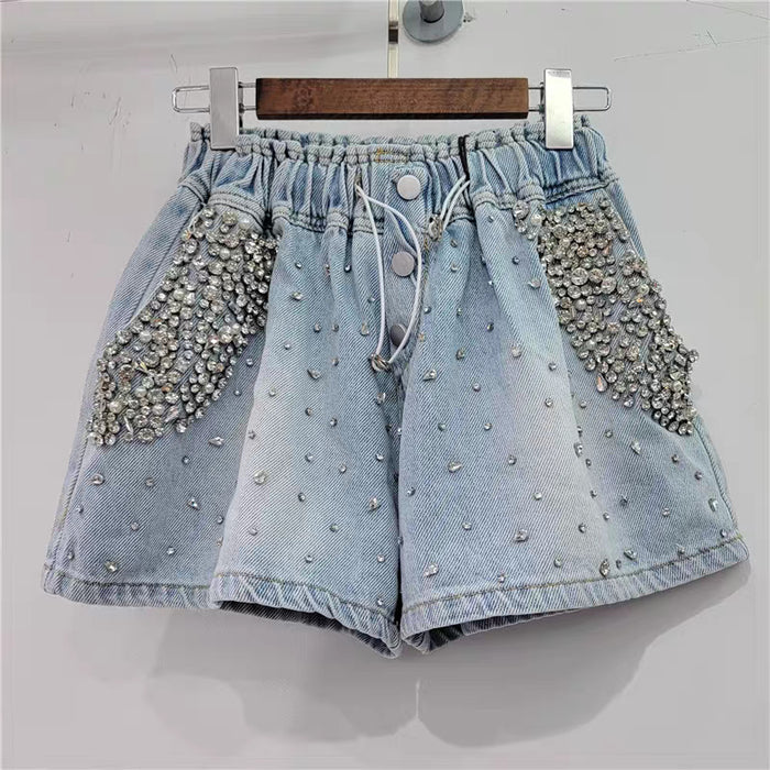 Heavy Industry Starry with Diamonds High Waist Slimming Wide Leg Denim Shorts Women Pants