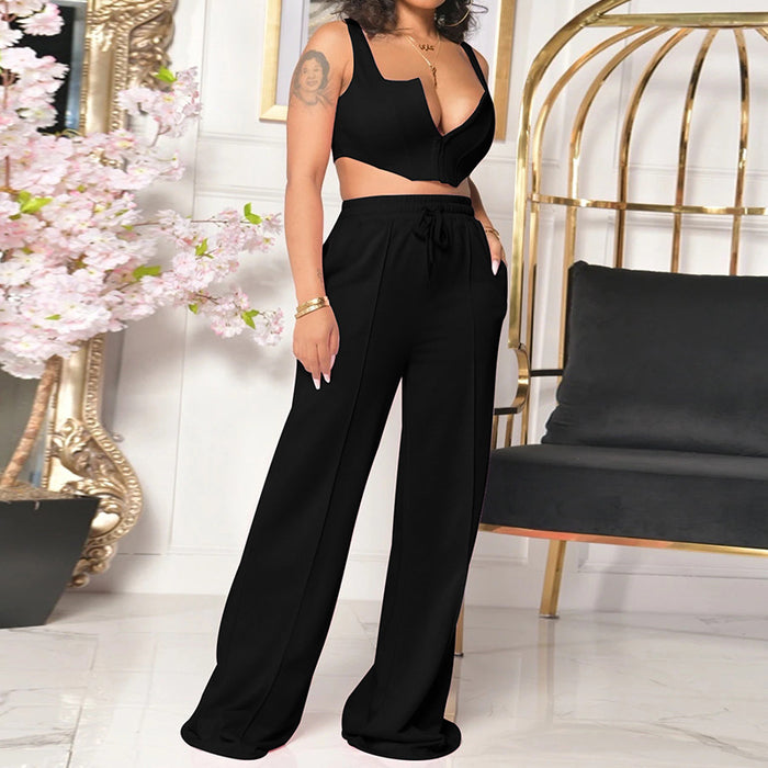 Women Clothing Solid Color Sexy Top Loose Mop Wide Leg Pants Two Piece Set