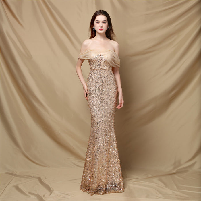 Classic off Shoulder Fishtail Evening Dress for Women Elegant Cocktail Annual Meeting Elegant Velvet Queen