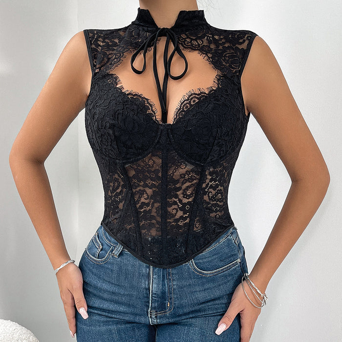 Sexy Lace Transparent Mesh Boning Corset Corset Sexy Outer Wear Vest