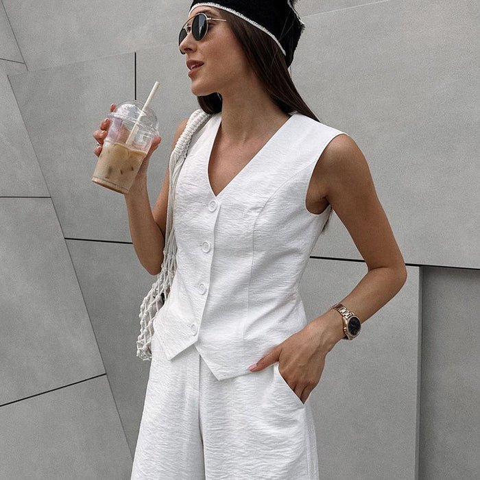 Summer Simple Sleeveless V Neck Vest Shorts Two Piece Set White Casual Set Women