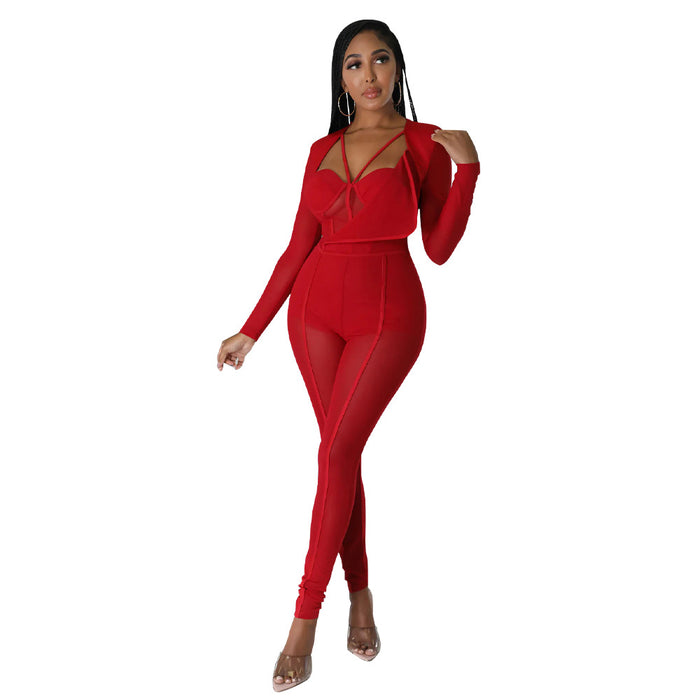 Solid Color Sexy See through Nightclub Pants V neck Tight Jumpsuit Women