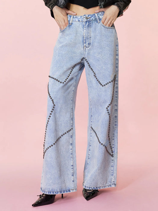 Women Clothing Loose Retro Beaded Jeans Trousers