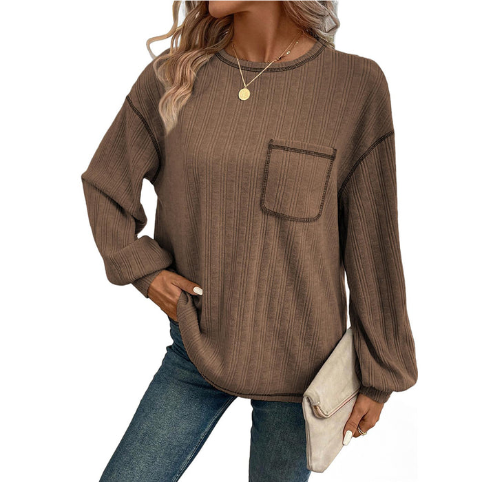 Women Women Sunken Stripe Brushed Solid Color Round Neck Pocket Casual Loose Fitting T Shirt Women