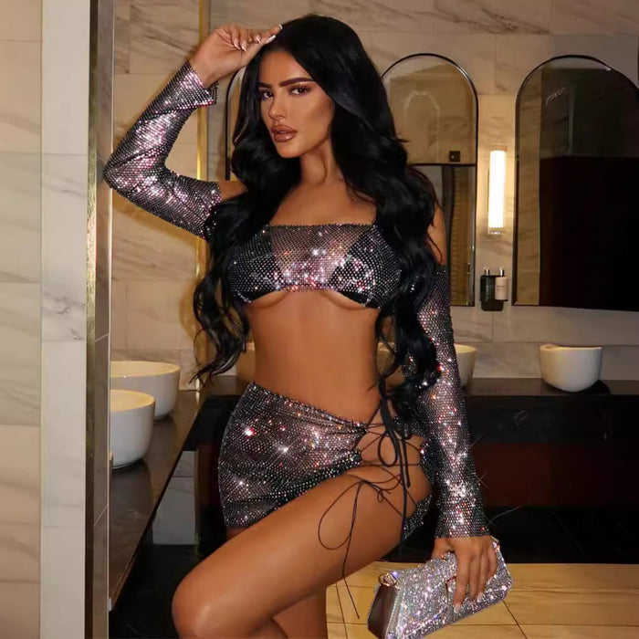 Sexy See through Mesh Rhinestone Fishnet Tube Top Skirt Sexy Set