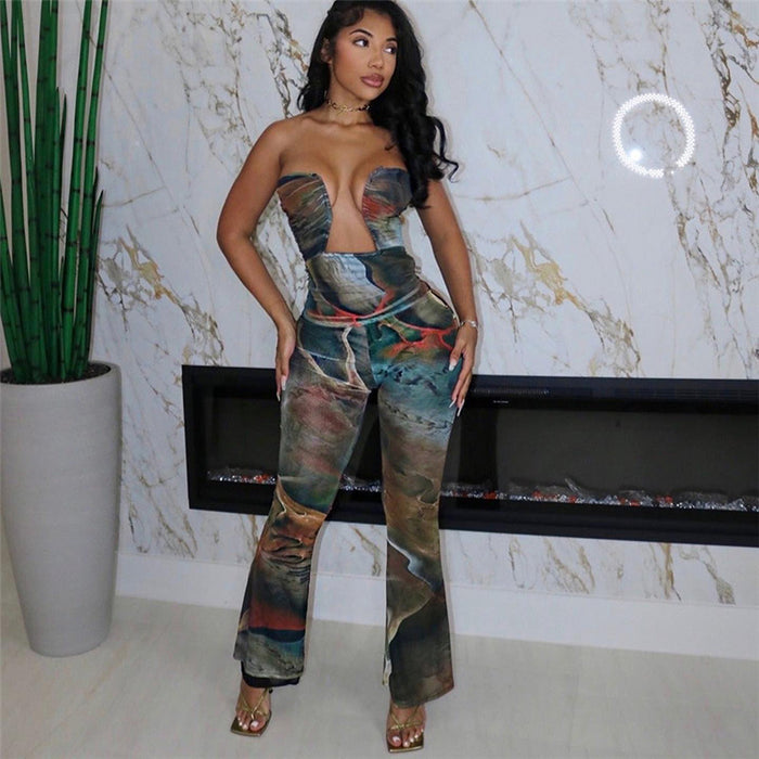 Women Clothing Autumn Winter Sexy Tube Top Backless Abstract Printing High Waist Long Jumpsuit