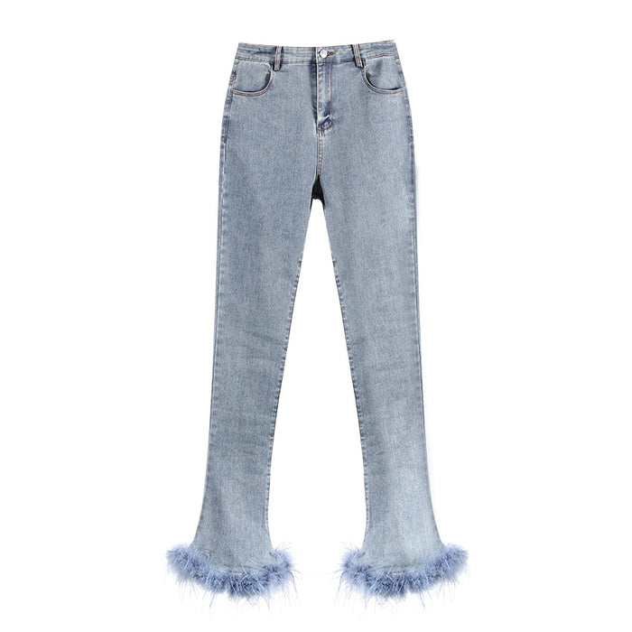 Niche Design Trousers Stretch Jeans Chic Stitching Ostrich Fur Fashionable Bell Bottom Pants Trendy