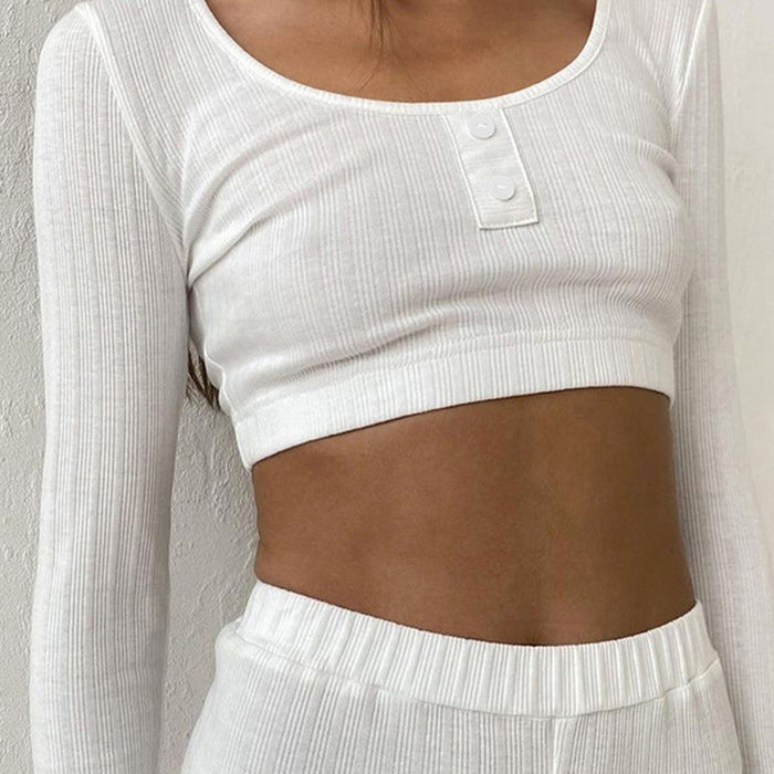 Women Clothing Autumn Casual White Knitted Fabric Suit Long Sleeves Cropped Top Shorts Two Piece Set