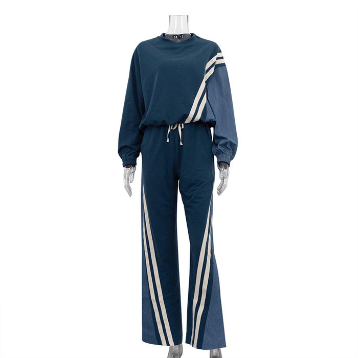 Autumn Winter Sports Contrast Color Striped Sweater Sets Pullover Top Drawstring Trousers Two Piece Set