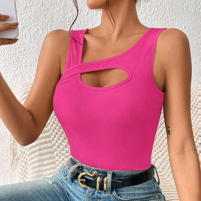 Women Clothing Slim Fit Sexy Knitted Solid Color Hollow Out Cutout Vest T shirt Top