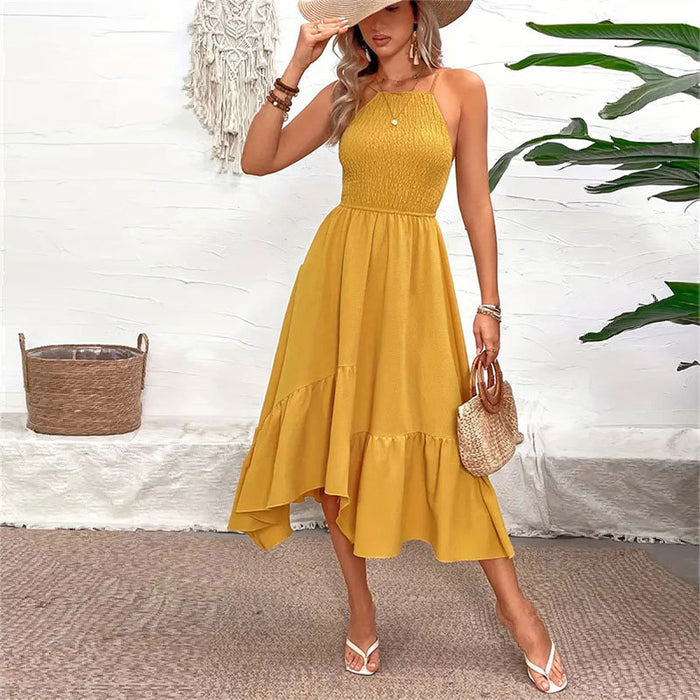 Solid Color Irregular Asymmetric Spaghetti-Strap Halter Sleeveless Maxi Dress Spring Summer Women Design Dress