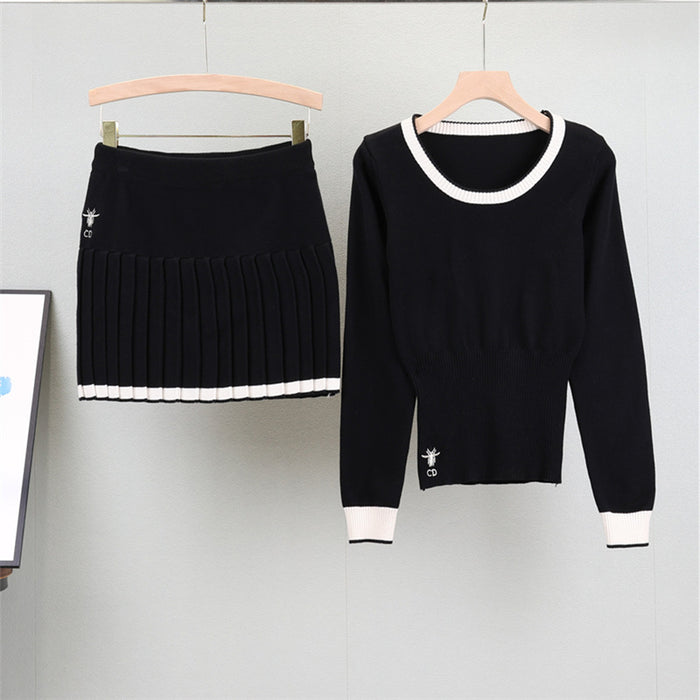 Korea Crew Neck Knitted Top Pleated Skirt Set Women Autumn Sweet Slimming Two Piece Sets