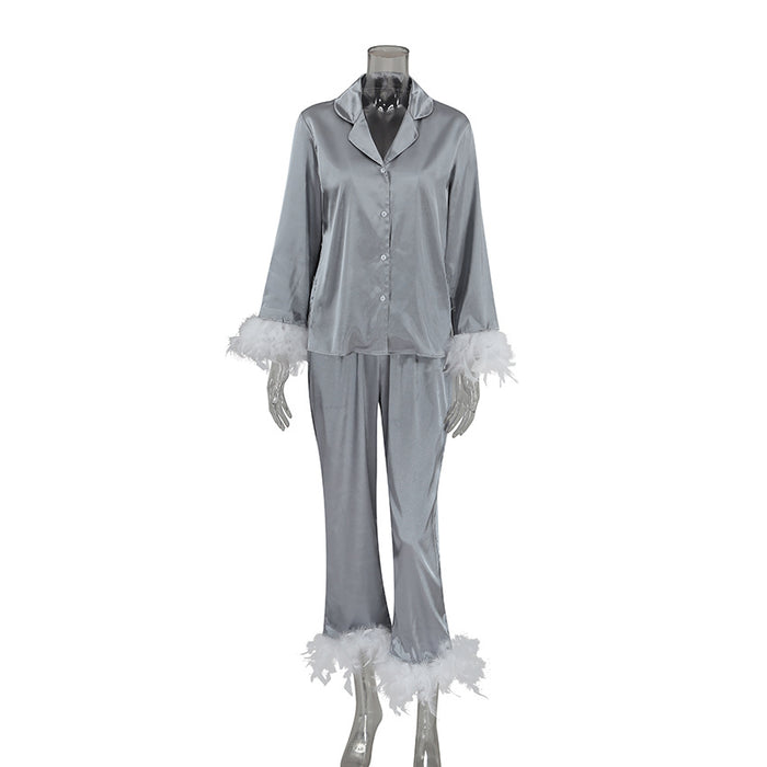 Summer Thin Satin Ice Silk Pajamas Suit for Women Solid Color Feather Can Be Outerwear Homewear