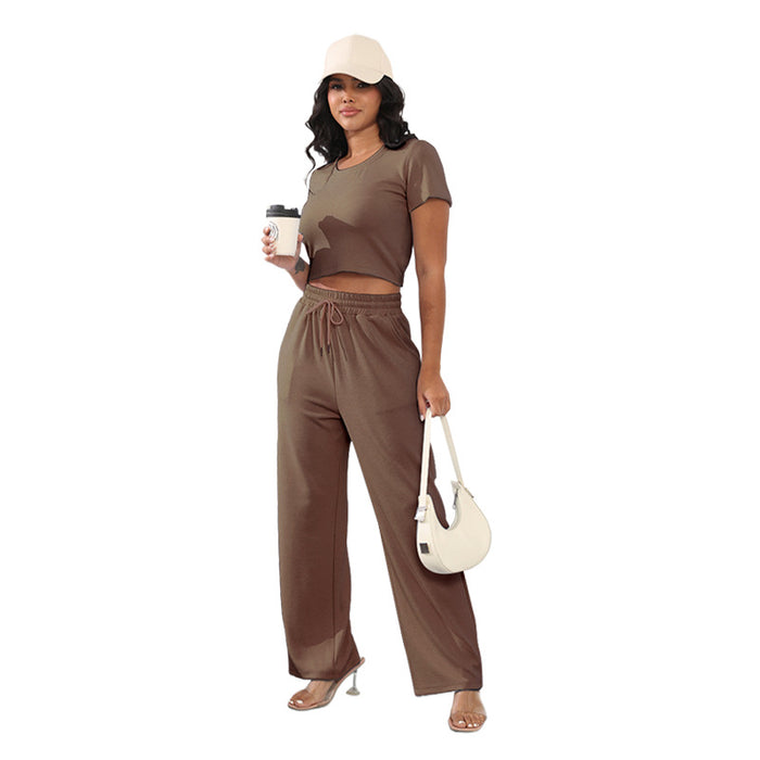 Summer Round Neck Short Sleeved Women Clothing Two Piece Suit Casual Wide Leg Pants Suit Cotton