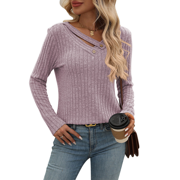 Women Clothing Autumn Winter Loose Casual V Neck Button Top Sunken Stripe T Shirt Women