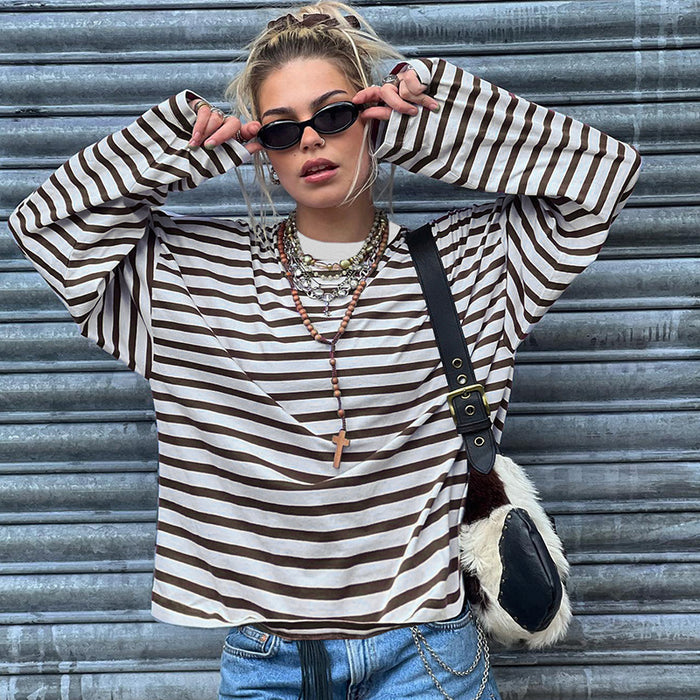 Street Retro Contrast Color Striped Basic Loose T Shirt Autumn Sexy Thin Round Neck Long Sleeve