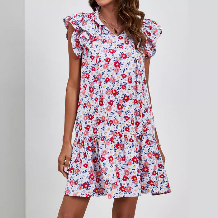 Printed Layered Stitching Dress Pocket Ruffled Sleeveless V neck Knee Length Dress