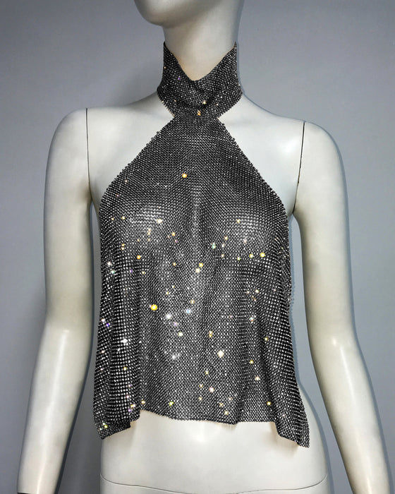 Spring Summer Metal Mesh Diamond Halter Top Sequined Vest Camisole for Women