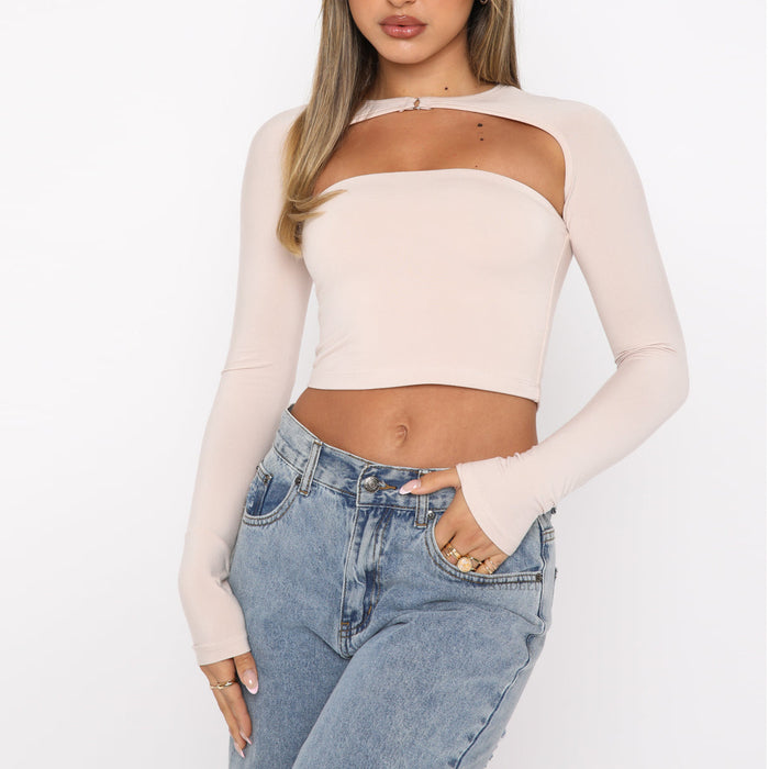 Autumn Winter Long-Sleeved Sexy T shirt Popular Solid Color Sexy Cutout cropped Long Sleeve Two Piece Set Top