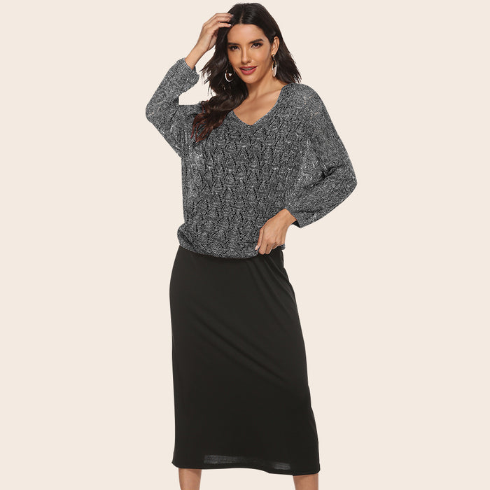 Spring Autumn Women Clothing V-neck Batwing Sleeve Pullover Long Sleeve Knitwear Skirt Set