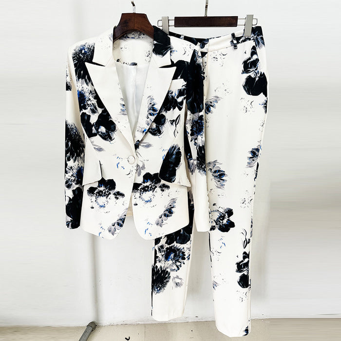 Star Graceful Fashionable Digital Printing One Button Set Skinny Pants Two Pieces