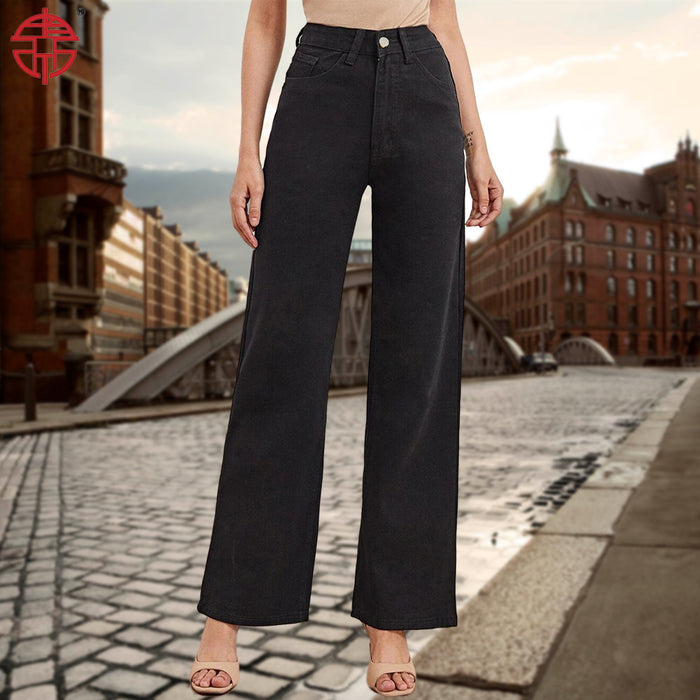 Black High Waist Straight All Matching Loose Denim Trousers Women Jeans