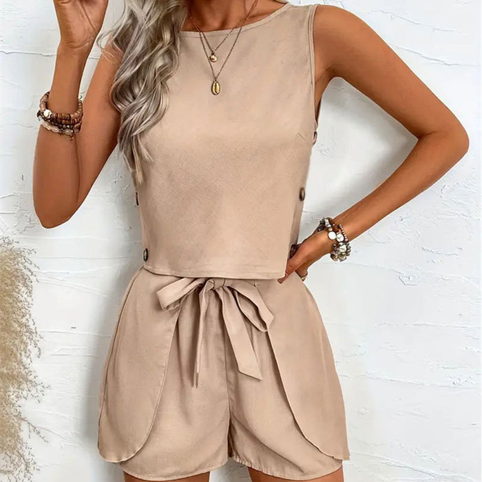 Women Solid Color Decorative Buttons Lotus Leaf Strap Bow Sleeveless Shorts Women Pants Suit Two Piece Set