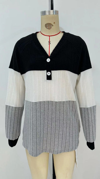 Shirt Women Spring Long Sleeve V Collar Contrast Color Button Top