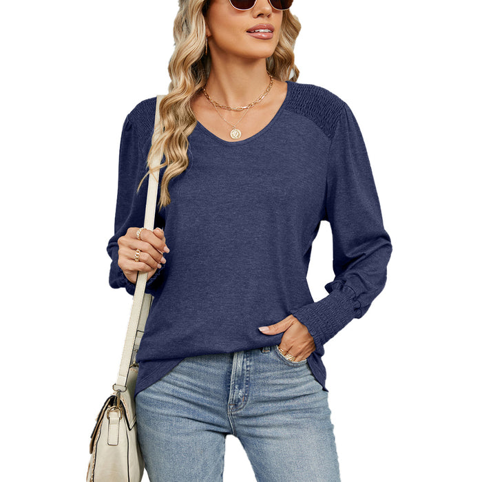 Women Clothing Autumn Winter Loose V neck Lantern Sleeve Loose Pleated T shirt Women Top