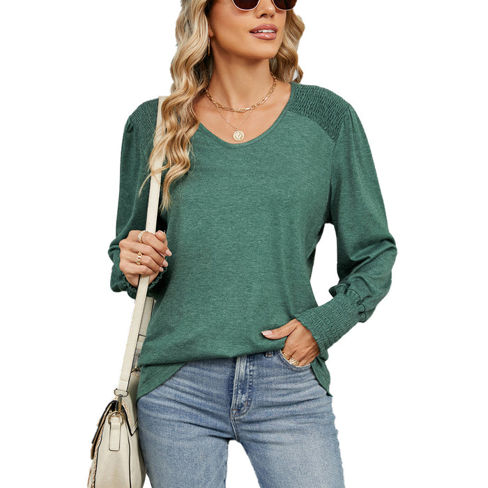 Women Clothing Autumn Winter Loose V neck Lantern Sleeve Loose Pleated T shirt Women Top