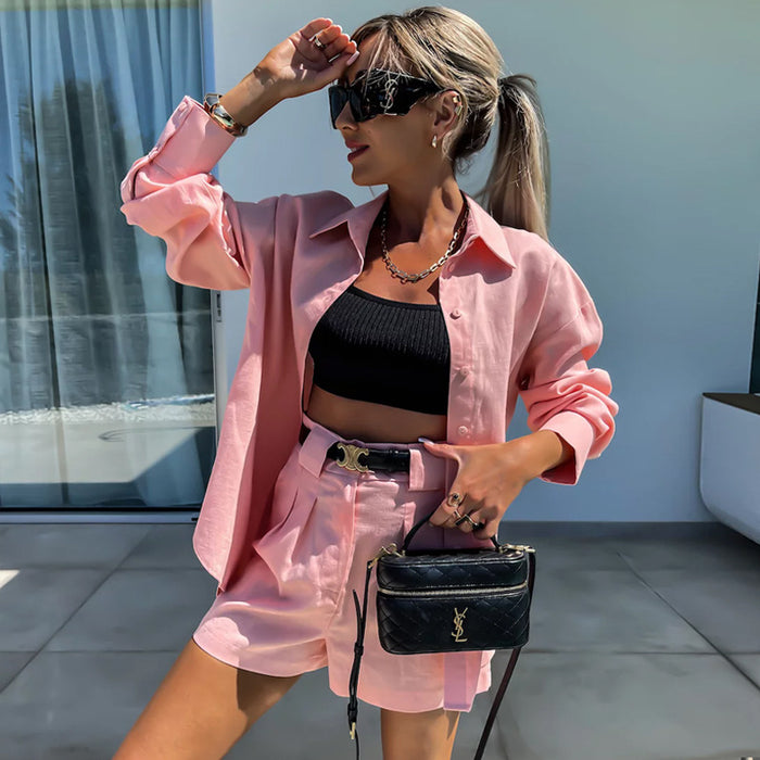 Casual Summer Women Long Sleeved Shorts Women Two Piece Set Summer