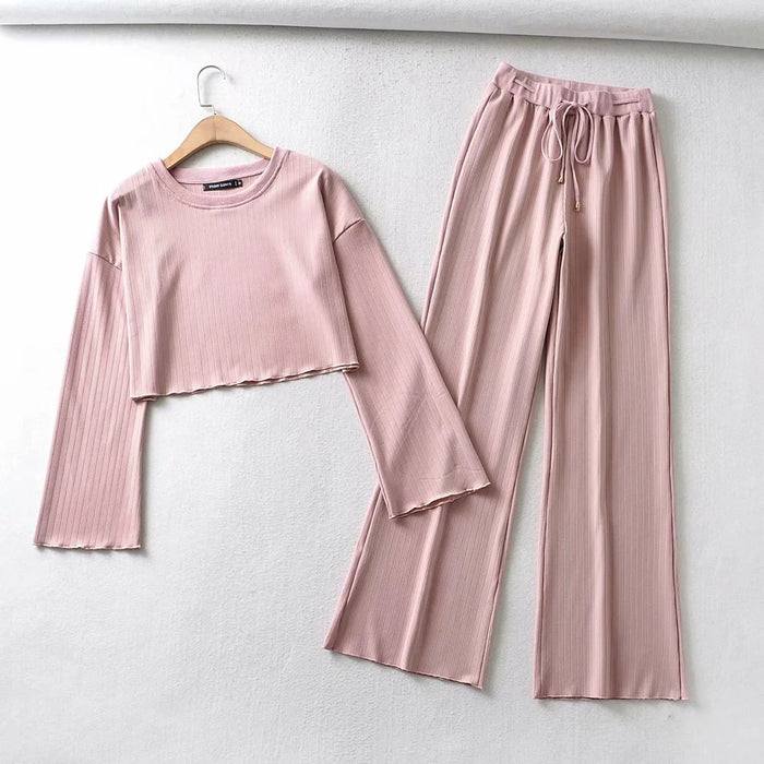 O-neck Short Sweater High Waist Slimming Mop Bell-Bottom Pants Thread Casual Sports Two-Piece Set